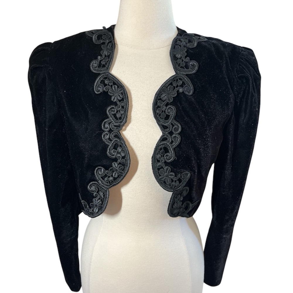 David Rose Open Black Velvet Bolero Crop Jacket w/embroidered trim detail Size S